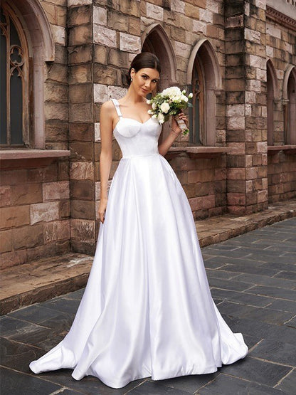 NumberSea - A - Line/Princess Satin Ruffles Straps Sleeveless Sweep/Brush Train Wedding Dresses