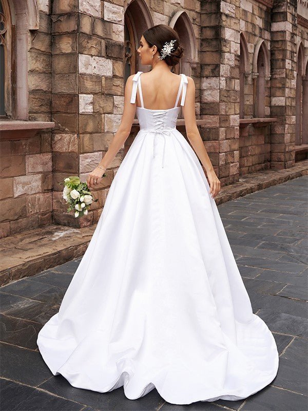 NumberSea - A - Line/Princess Satin Ruffles Straps Sleeveless Sweep/Brush Train Wedding Dresses