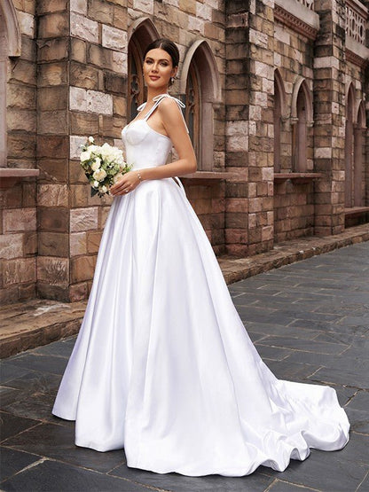 NumberSea - A - Line/Princess Satin Ruffles Straps Sleeveless Sweep/Brush Train Wedding Dresses