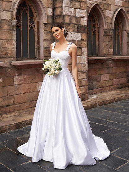 NumberSea - A - Line/Princess Satin Ruffles Straps Sleeveless Sweep/Brush Train Wedding Dresses