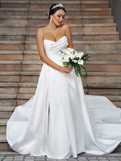 NumberSea - A - Line/Princess Satin Ruffles Sweetheart Sleeveless Chapel Train Wedding Dresses