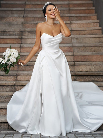 NumberSea - A - Line/Princess Satin Ruffles Sweetheart Sleeveless Chapel Train Wedding Dresses