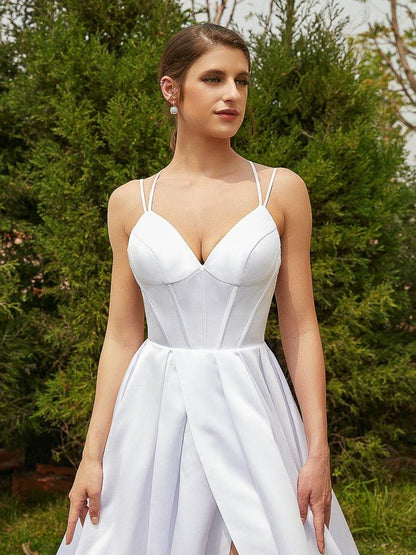 NumberSea - A - Line/Princess Satin Ruffles V - neck Sleeveless Court Train Wedding Dresses