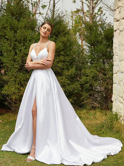 NumberSea - A - Line/Princess Satin Ruffles V - neck Sleeveless Court Train Wedding Dresses