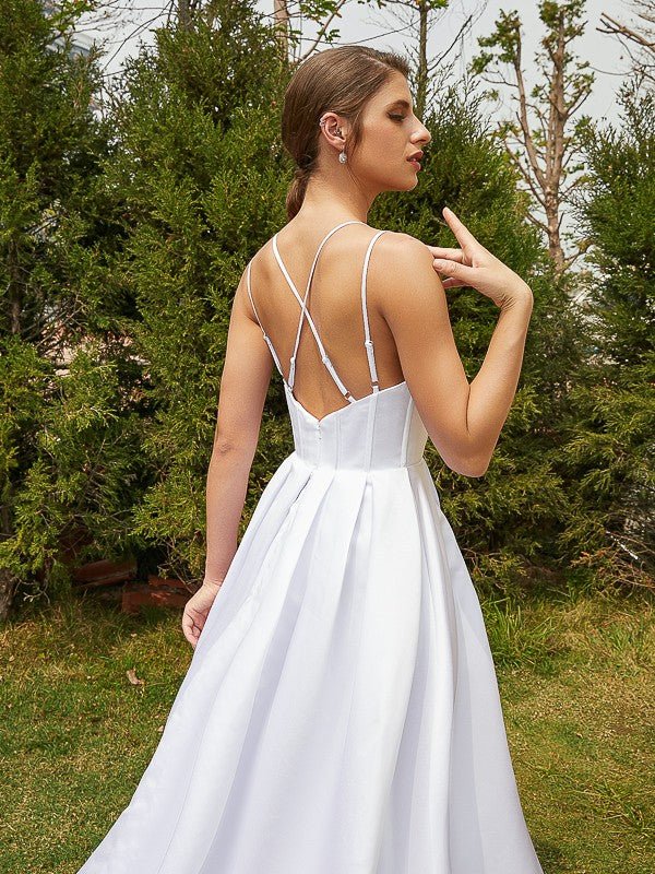 NumberSea - A - Line/Princess Satin Ruffles V - neck Sleeveless Court Train Wedding Dresses