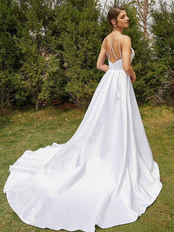 NumberSea - A - Line/Princess Satin Ruffles V - neck Sleeveless Court Train Wedding Dresses