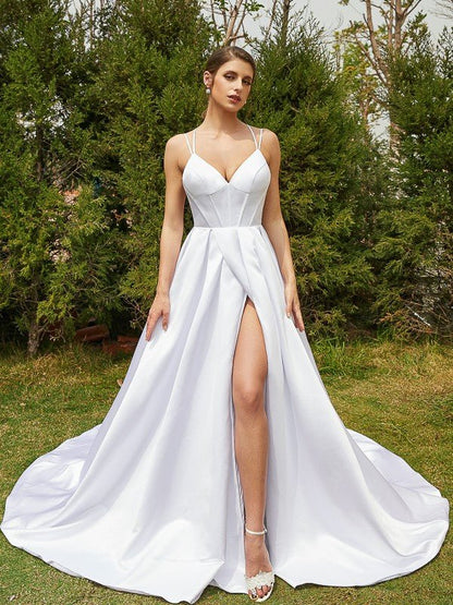 NumberSea - A - Line/Princess Satin Ruffles V - neck Sleeveless Court Train Wedding Dresses