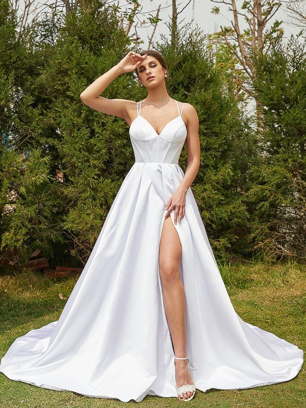 NumberSea - A - Line/Princess Satin Ruffles V - neck Sleeveless Court Train Wedding Dresses