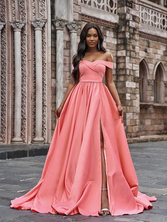 NumberSea - A - Line/Princess Satin Sleeveless Ruffles Off - the - Shoulder Court Train Dresses