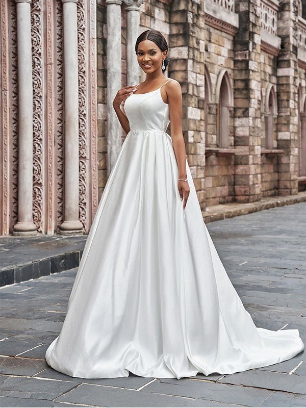 NumberSea - A - Line/Princess Satin Spaghetti Straps Ruffles Sleeveless Sweep/Brush Train Wedding Dresses