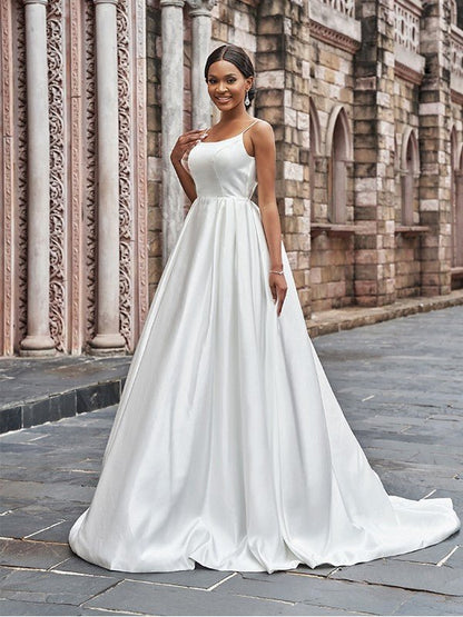 NumberSea - A - Line/Princess Satin Spaghetti Straps Ruffles Sleeveless Sweep/Brush Train Wedding Dresses