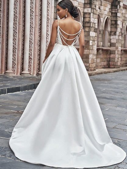 NumberSea - A - Line/Princess Satin Spaghetti Straps Ruffles Sleeveless Sweep/Brush Train Wedding Dresses