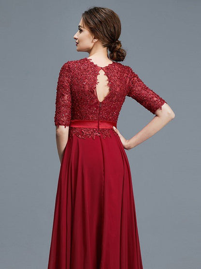 NumberSea - A - Line/Princess Scoop 1/2 Sleeves Chiffon Applique Floor - Length Mother of the Bride Dresses