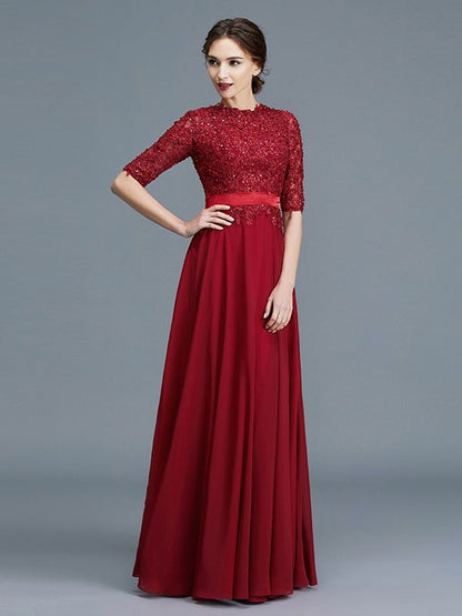 NumberSea - A - Line/Princess Scoop 1/2 Sleeves Chiffon Applique Floor - Length Mother of the Bride Dresses