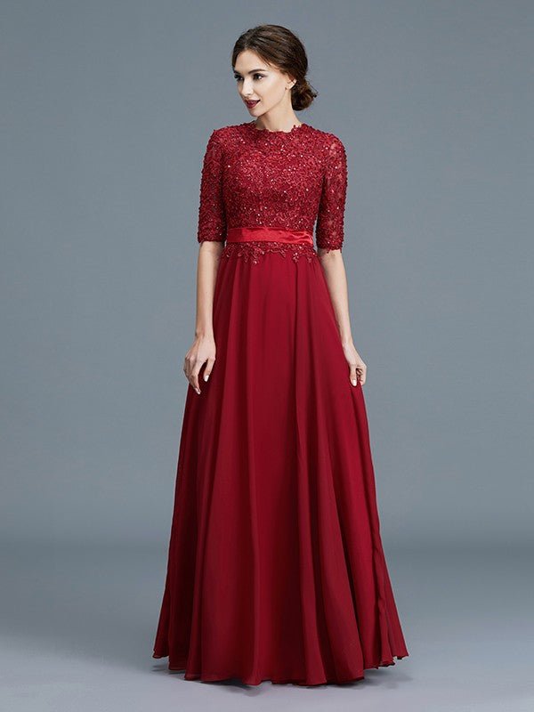 NumberSea - A - Line/Princess Scoop 1/2 Sleeves Chiffon Applique Floor - Length Mother of the Bride Dresses