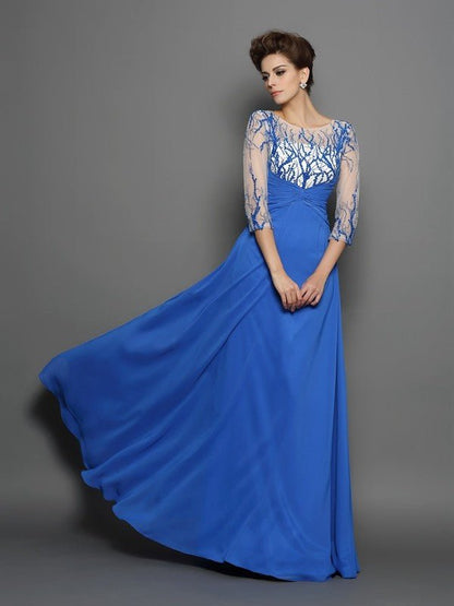 NumberSea - A - Line/Princess Scoop Applique 1/2 Sleeves Long Chiffon Dresses