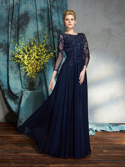 NumberSea - A - Line/Princess Scoop Applique 3/4 Sleeves Long Chiffon Mother of the Bride Dresses