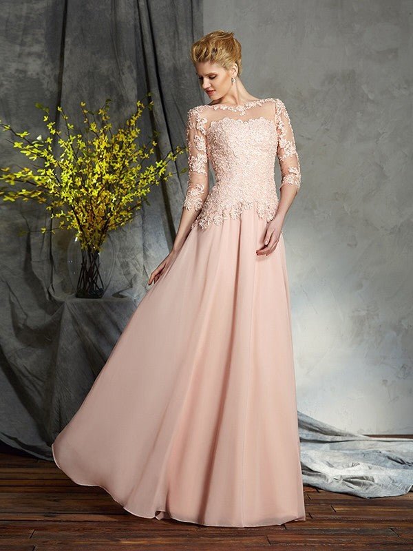 NumberSea - A - Line/Princess Scoop Applique 3/4 Sleeves Long Chiffon Mother of the Bride Dresses