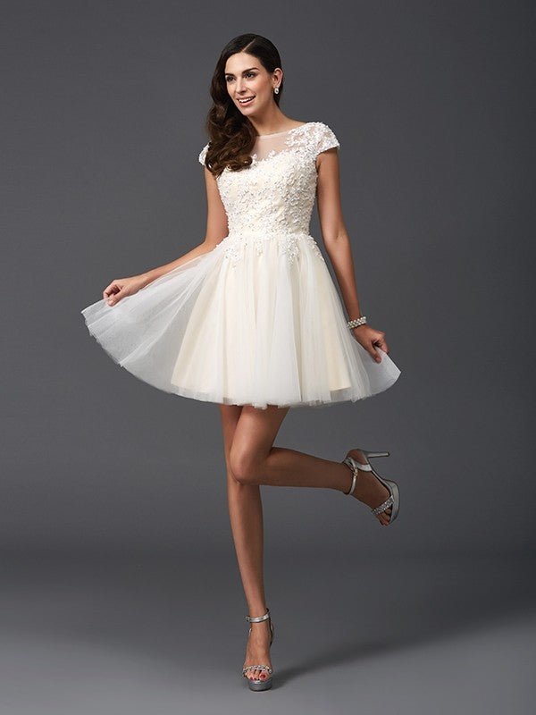 NumberSea - A - Line/Princess Scoop Applique Short Sleeves Short Satin Dresses