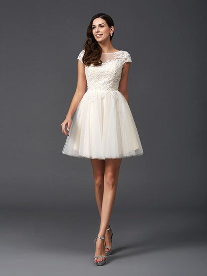 NumberSea - A - Line/Princess Scoop Applique Short Sleeves Short Satin Dresses