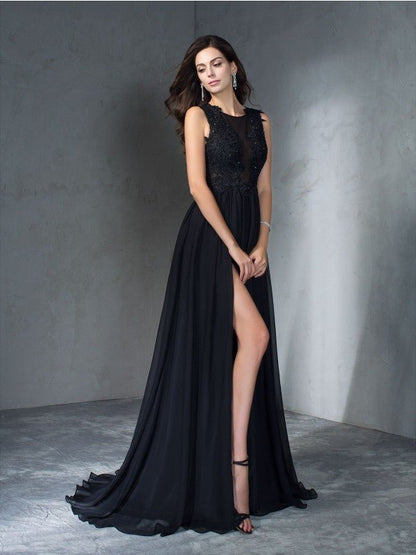 NumberSea - A - Line/Princess Scoop Applique Sleeveless Long Chiffon Dresses