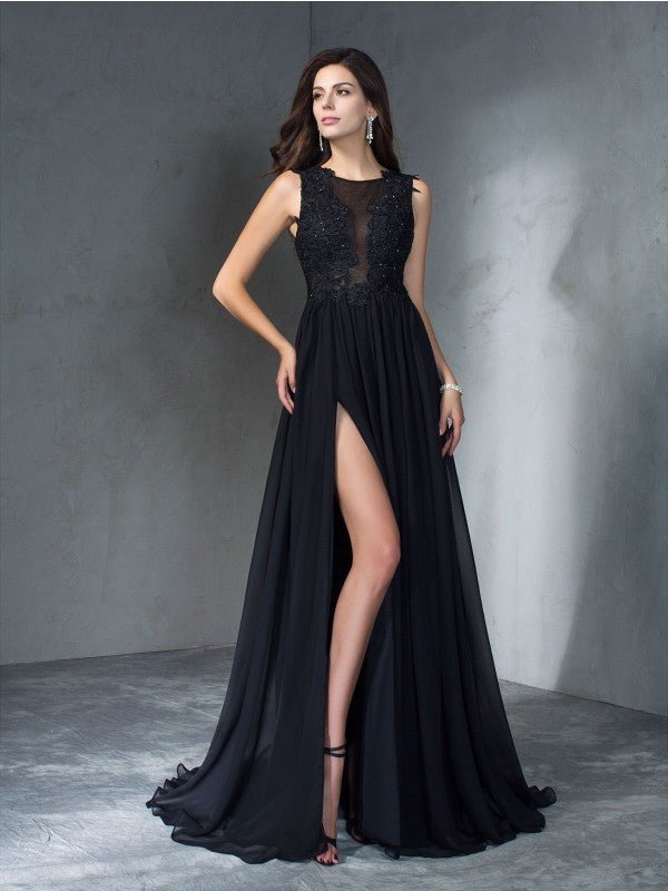 NumberSea - A - Line/Princess Scoop Applique Sleeveless Long Chiffon Dresses