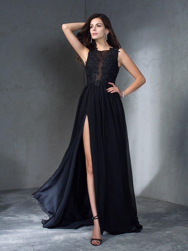 NumberSea - A - Line/Princess Scoop Applique Sleeveless Long Chiffon Dresses