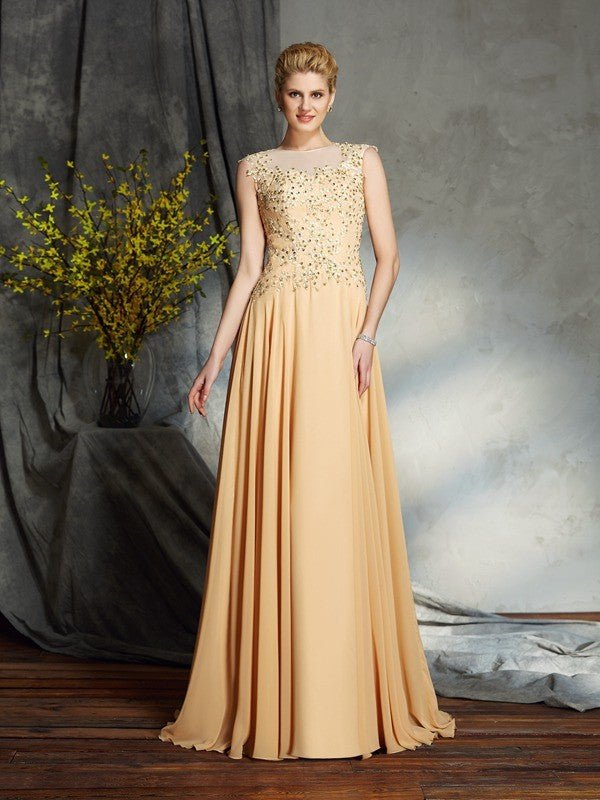 NumberSea - A - Line/Princess Scoop Applique Sleeveless Long Chiffon Mother of the Bride Dresses