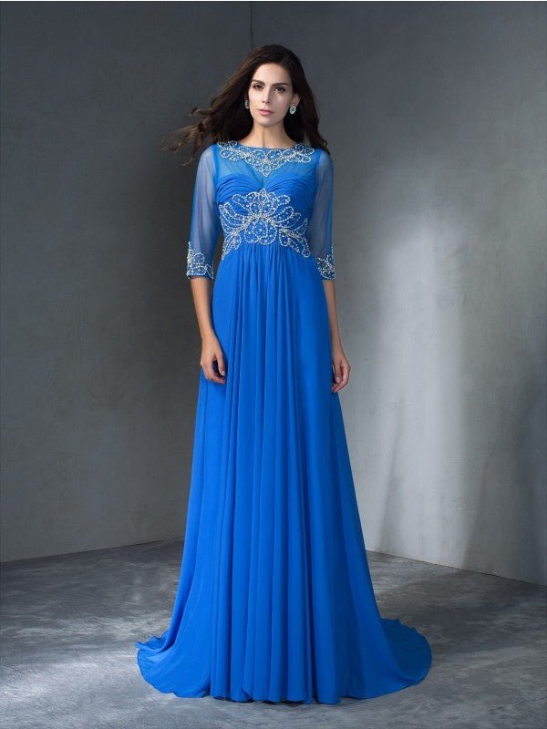 NumberSea - A - Line/Princess Scoop Beading 1/2 Sleeves Long Chiffon Dresses