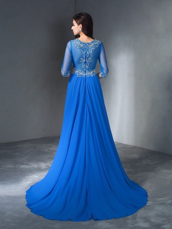 NumberSea - A - Line/Princess Scoop Beading 1/2 Sleeves Long Chiffon Dresses