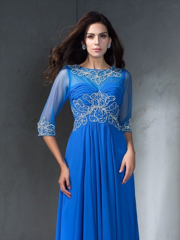 NumberSea - A - Line/Princess Scoop Beading 1/2 Sleeves Long Chiffon Dresses