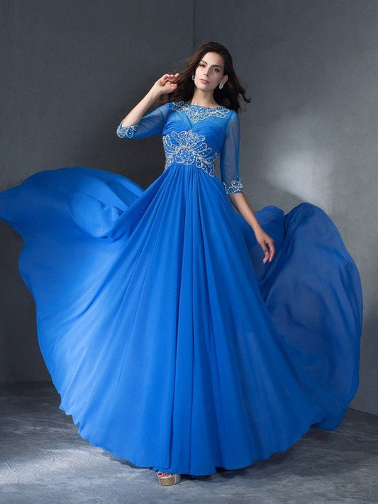 NumberSea - A - Line/Princess Scoop Beading 1/2 Sleeves Long Chiffon Dresses