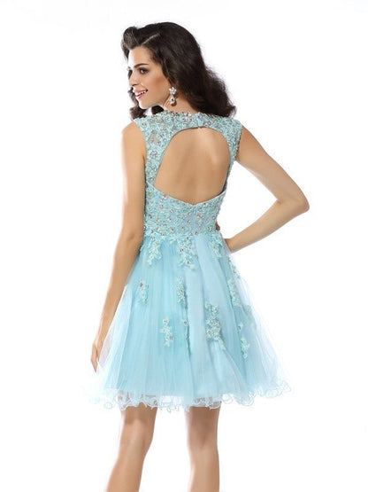 NumberSea - A - Line/Princess Scoop Beading Applique Sleeveless Short Satin Cocktail Dresses