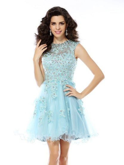 NumberSea - A - Line/Princess Scoop Beading Applique Sleeveless Short Satin Cocktail Dresses