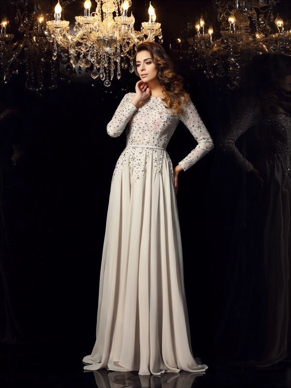 NumberSea - A - Line/Princess Scoop Beading Long Sleeves Long Chiffon Dresses