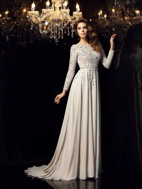 NumberSea - A - Line/Princess Scoop Beading Long Sleeves Long Chiffon Dresses