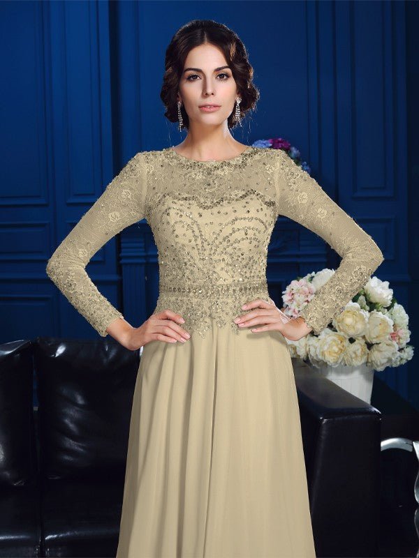 NumberSea - A - Line/Princess Scoop Beading Long Sleeves Long Chiffon Mother of the Bride Dresses