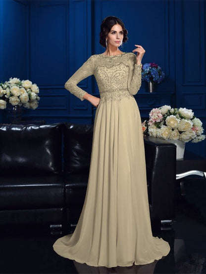 NumberSea - A - Line/Princess Scoop Beading Long Sleeves Long Chiffon Mother of the Bride Dresses