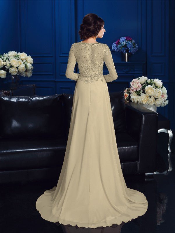 NumberSea - A - Line/Princess Scoop Beading Long Sleeves Long Chiffon Mother of the Bride Dresses