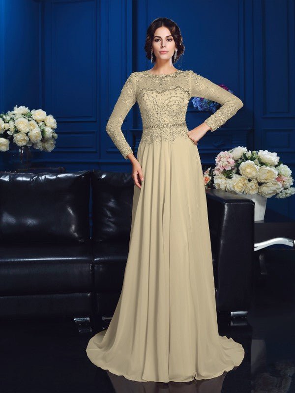 NumberSea - A - Line/Princess Scoop Beading Long Sleeves Long Chiffon Mother of the Bride Dresses