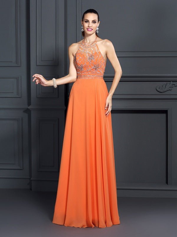 NumberSea - A - Line/Princess Scoop Beading Sleeveless Long Chiffon Dresses