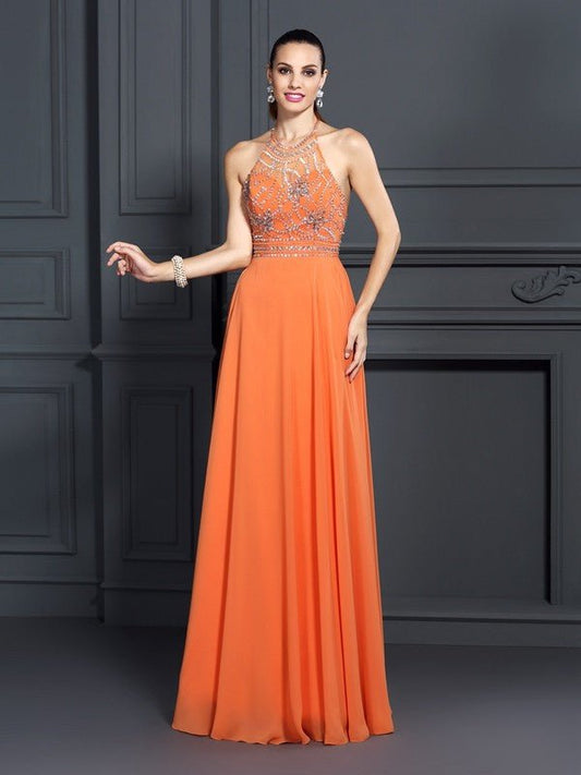 NumberSea - A - Line/Princess Scoop Beading Sleeveless Long Chiffon Dresses