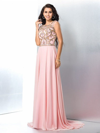 NumberSea - A - Line/Princess Scoop Beading Sleeveless Long Chiffon Dresses