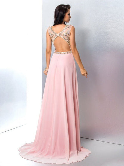 NumberSea - A - Line/Princess Scoop Beading Sleeveless Long Chiffon Dresses