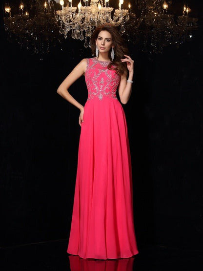 NumberSea - A - Line/Princess Scoop Beading Sleeveless Long Chiffon Dresses #51243