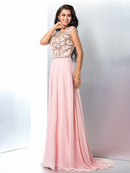 NumberSea - A - Line/Princess Scoop Beading Sleeveless Long Chiffon Dresses