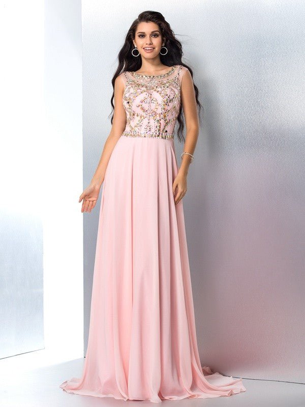 NumberSea - A - Line/Princess Scoop Beading Sleeveless Long Chiffon Dresses