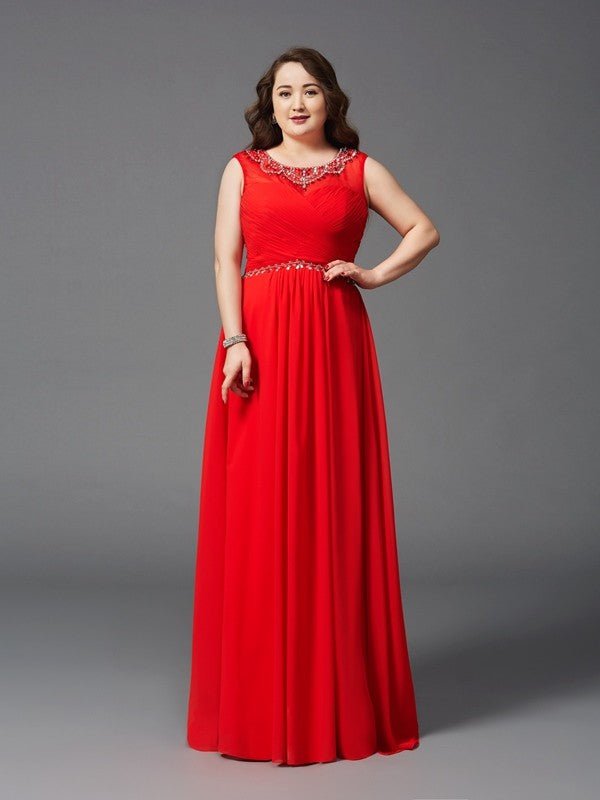 NumberSea - A - Line/Princess Scoop Beading Sleeveless Long Chiffon Plus Size Dresses