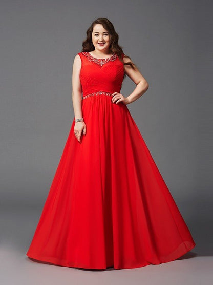 NumberSea - A - Line/Princess Scoop Beading Sleeveless Long Chiffon Plus Size Dresses