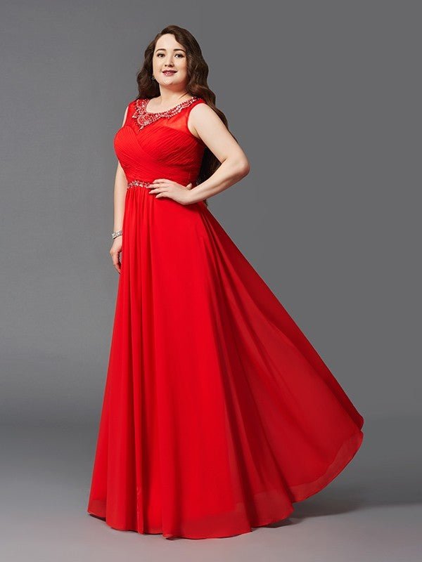 NumberSea - A - Line/Princess Scoop Beading Sleeveless Long Chiffon Plus Size Dresses